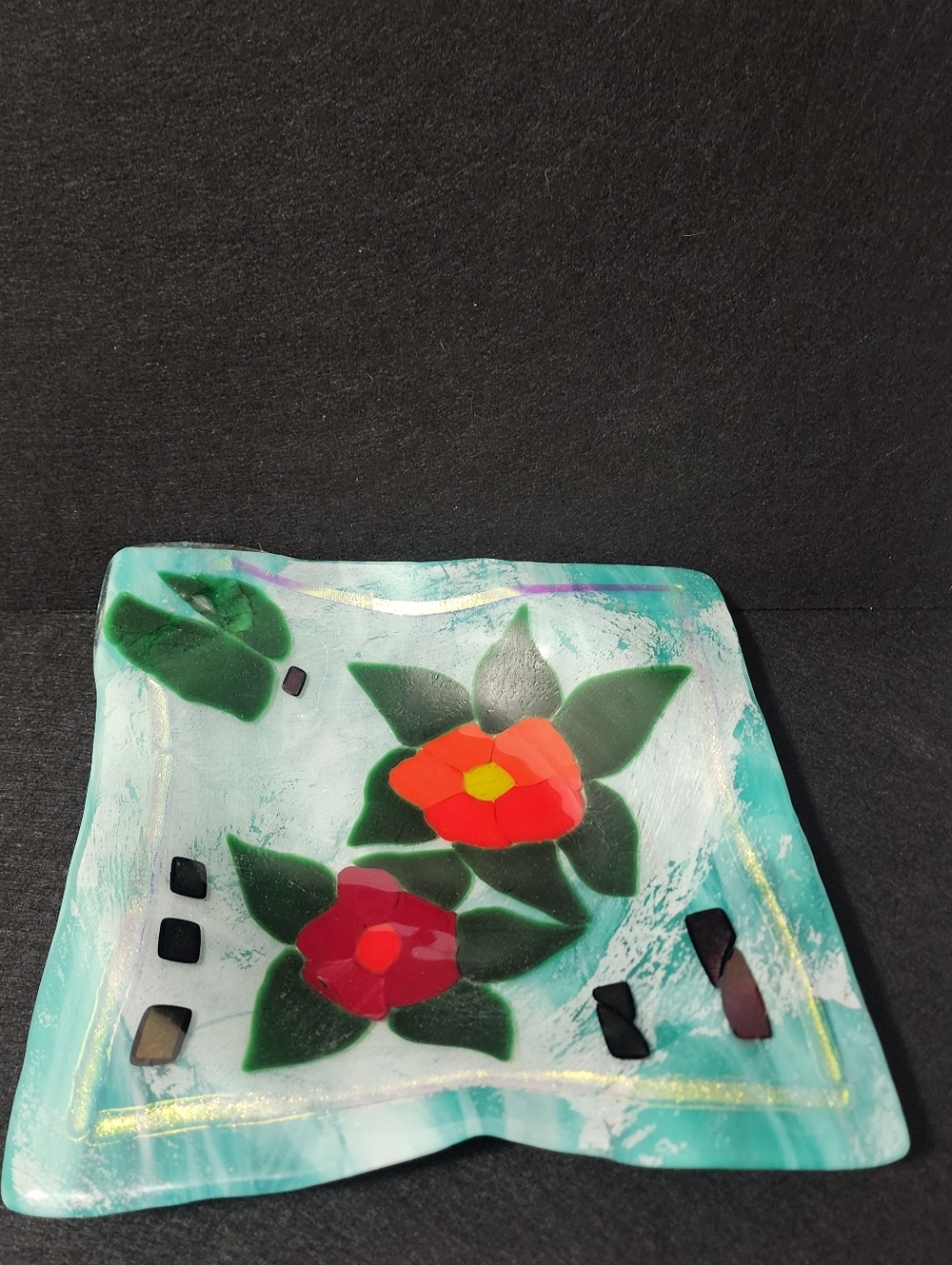 Handmade Floral Fused Glass Dish - Teal, Red & Green